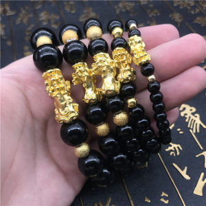 Golden Pixiu Feng Shui Bracelet with Obsidian-inspired Six-word Mantra Beads for Men and Women