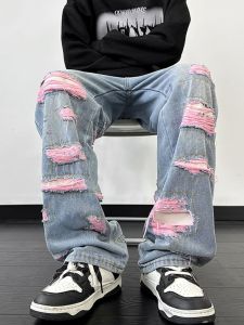 American Retro Pink Hole Denim Mens National Trendy Street Trend Hip Hop Casual Handsome Baggy Straight Trousers