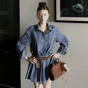 Ge·an·fei | Plaid Long Sleeve Shirt Dress Waist-Accentuating A-Line Short Skirt