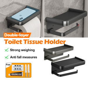 Drilling-Free Toilet Tissue Paper Holder Aluminum Toilet Paper Dispenser Wall Mounted Toilet Crochet Roll Mobile Phone Holder
