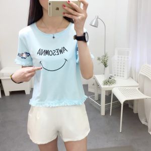 Áo Thun Nữ Dáng Rộng Tay Ngắn Tua Rua Mùa Hè 2024 Áo Thun Nữ Sinh Thiết Kế Đơn Giản in Chữ Cổ Tròn