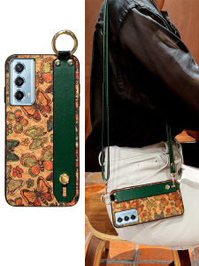 Icool Butterfly Silicone Phone Case for Honor Magicv5 Vintage Wood Grain Crossbody Wrist Strap Stand Honor Magicvs2