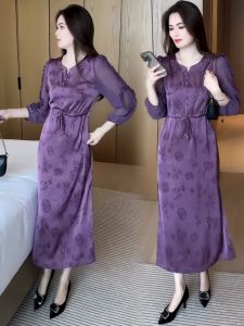 Elegant Satin A-Line Dress Womens Spring Autumn High Waist Slim Fit Midi Skirt Fashionable Middle-Aged Mommy Wear Casual Style