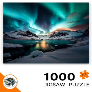 1000pcs Jigsaw Puzzle for Adults - Northern Lights Aurora Borealis Winter Mountain Lake Scene Vibrant Green & Blue Hues