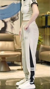 Quần dài thể thao dáng Jogger nữ chất thun cotton dày dặn co giãn phối họa tiết