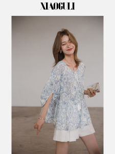 Blue And White Porcelain Print Short Sleeve Shirt Womens Summer New Loose Fit Casual Print Top Ultra Light Polyester Fiber