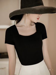 YIBOLI | Vintage Square Neck Slim Fit T-shirt Black