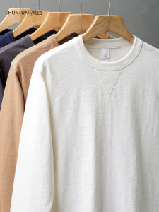 Áo Thun Dài Tay Cotton Nguyên Chất 320g Cho Nam Mùa Thu Đông Rộng Rãi Cổ Tròn Màu Trắng Áo Sơ Mi Cơ Bản