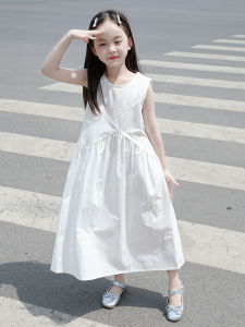 Elegant White Cotton Long Sleeveless Dress for Girls Childrens Princess Skirt High Waist Soft Cotton Summer Dress for Girls