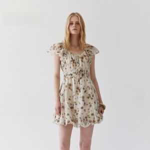 Romantic Gradient Print Blouse Short Skirt A-Line Dress Womens High Waist Gathered Waist Pleated Skirt Sleeve Ruffle Dress