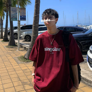 เสื้อยืดคอกลมแขนสั้นทรงหลวมสำหรับผู้ชาย สีแดง เสื้อเชิ้ตสไตล์ยูนิเซ็กซ์ แฟชั่นฤดูร้อน ทรงหลวม ลำลอง เสื้อเชิ้ตผู้ชาย