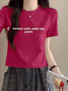 LINGLONGDAI | Pink Short Sleeve Pure Cotton Round Neck T-Shirt Women Summer Slim Fit Short Length Shoulder Appropriate Casual Top Tee