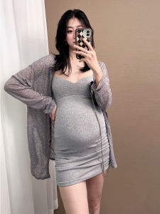 ชุดสองชิ้นฤดูร้อนของผู้หญิงตั้งครรภ์พร้อมสายเอี๊ยมและกระโปรงสลิปแขนกุดสําหรับใช้ทุกวันผ้าฝ้ายบริสุทธิ์ความยาวสั้นเป็นพิเศษ