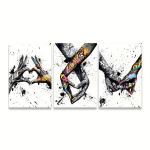 3PCS Graffiti Holding Hands Canvas Print Abstract Paintings for Living Room Bedroom Wall Art and Couple Gifts Posters Unframed