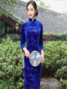 Gold Velvet Long Cheongsam Dress Floral Print Seven-Quarter Sleeve Stage Performance Womens Traditional Chinese Costume