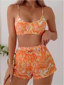 ชุดว่ายน้ำกระโปรงยาวพิมพ์ลาย ชุดกีฬาฤดูร้อนสำหรับผู้หญิง ชุดกีฬาสามชิ้น แขนสั้น กระโปรงสั้น ชุดว่ายน้ำผู้หญิง