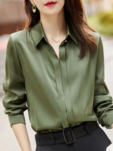Acetate Satin Womens Shirt 2025 New Fashion Elegant Professional Top Lightweight Commuting Versatile Chiffon Blouse OL Style Slim Fit Long Sleeve Square Collar Pure Color