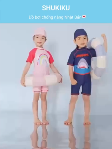 Đồ bơi trẻ em cho bé trai và bé gái ngắn tay Shukiku kèm mũ UPF50+ Spandex co giãn kháng khuẩn