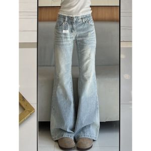 กางเกงยีนส์ทรงหลวมขาตรงผ้าลูกไม้บางสไตล์ย้อนยุคสไตล์อเมริกันสำหรับผู้หญิงในช่วงฤดูร้อน กางเกงขายาวทรงหลวมขาบาน