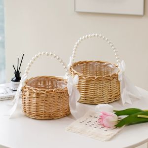 One wicker rattan flower child Basket with Pearl handle and bow Hand woven Easter basket Wicker basket for Weddings (brown)