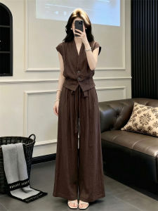 SUYE | Elegant V-Neck Sleeveless Vest and Wide Leg Pants Two-Piece Set