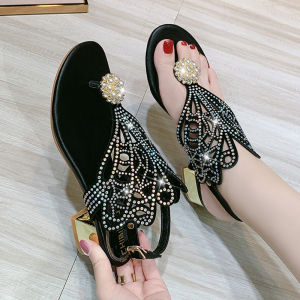 Roman Bohemian Ethnic Style Clip Toe Chunky Heel Rhinestone