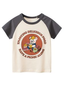 27home Pure Cotton Short Sleeve T-shirt for Girls Cartoon Bear Print round Neck Kids Summer New Style Cotton Children Top