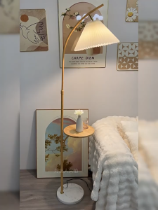 Nordic LED Floor Light Brown/White Stand Lamp Bedroom Home Decor Lighting Wood Metal Tray Marble Bas