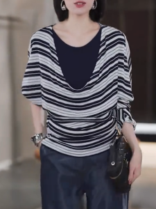 QINGNAER | Stylish Versatile Stripe Contrast Fake Two-Piece Loose Long-Sleeve Womens Plus Size Blouse