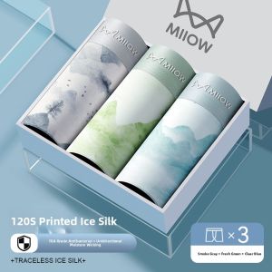 MiiOW | Mens Ice Silk Underwear Breathable Antibacterial Boxer Shorts Luxury Style Mid Waist Flat Angle Pants Summer Collection