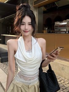 GUZILIAN | เสื้อกั๊กสายเดี่ยวคอวีลูกไม้สไตล์ฝรั่งเศสสำหรับผู้หญิงในฤดูร้อน เสื้อเปิดหลังเซ็กซี่ทรงสลิมฟิต แขนกุด ผ้าฝ้ายผสมโพลีเอสเตอร์