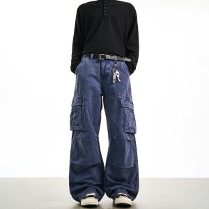 Woostop | Vintage French Blue Cargo Trousers Straight Loose Fit