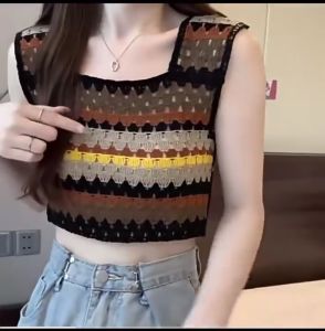 Summer Sleeveless Square Neck Knitted Colored Stripes Tassel Tops Fashion Bohemian Tops for Women