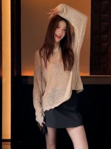 Loose Knitted Sweater Tawny Korean Style Lazy Fashion Autumn Winter Womens High Waist Polyester Fiber Long Sleeve Cardigan