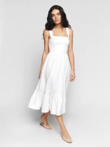 ชุดเดรสสายเดี่ยวคอเหลี่ยมสไตล์ฝรั่งเศสวินเทจ Reformation White Moonlight พร้อมโบว์ผูกปมและขอบลูกไม้ไหล่กว้างสำหรับวันหยุด