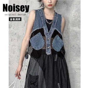 Street Style V-Neck Denim Mesh Patchwork Womens Jacket Short Sleeveless Outerwear Loose Fit Jeans Cotton Polyester Blend