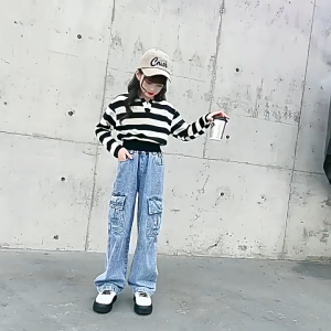 Cargo Maong Pants for Kids Girls with 6 Pockets Baggy Wide Leg Jeans Loose Fit Casual Soft Denim Trousers for Kids 2 -16 Ages