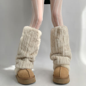Luxurious Mid-Calf Socks with Fox Fur Design for Women Night Study Room Warm And Cozy Autumn Winter Leggings Double Layered