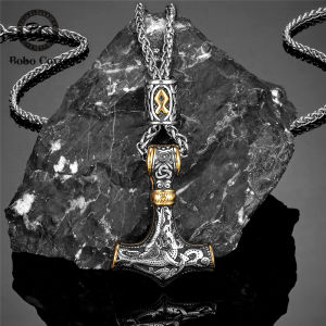 Gold Plated Norse Runes Beads Thors Hammer Necklaces Mens Stainless Steel Mjolnir Pendant Vikings Anchor Amulet Male Jewelry