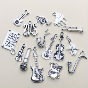 15 Chiếc Bùa Âm Nhạc Màu Bạc Cổ Điển Để Làm Đồ Trang Sức - Mặt Dây Chuyền Đàn Guitar Đàn Piano Đàn Violin Cổ Điển Để Chế Tác