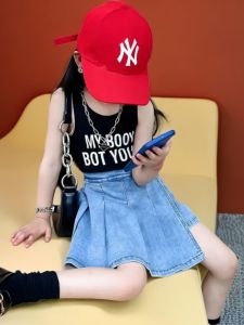 Girl Ice Silk Short-Style Vest Summer Thin Kids Letters Sleeveless Versatile K-style Inner Wear Outer Wear Midriff-Baring Top