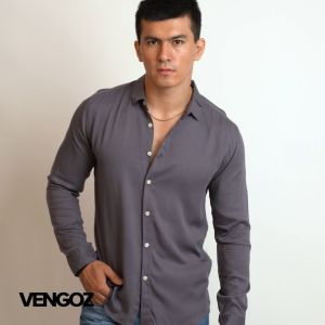 VENGOZ Kemeja Pria Slim Fit - Viscose Dark Grey LS