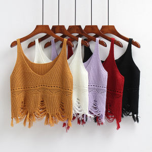Spring New Pure Color Knitted Short Vest Womens V-neck Tassel Hollow Versatile Strapless Top Casual Basic Fit Nylon Fiber