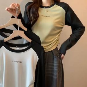 Women's Cotton Long Sleeve Drawstring Design with Contrasting Round Neck Top 2024 Summer New Loose Casual Plus Size T-shirt