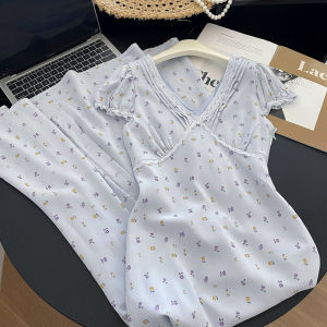 Váy dài PAIBOLI chữ A cạp cao tay bồng cổ chữ V có họa tiết hoa