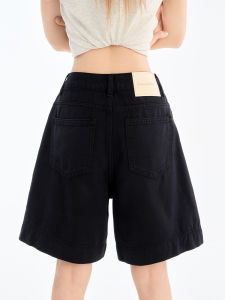 QIAOMIDUO | Summer Thin A-Line Five-Quarter Womens Jeans Loose Wide-Leg Shorts High-Waisted Cotton Denim Halfway Pants Black Color