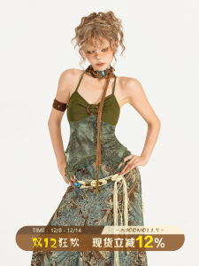 Nico Molly Vintage Oil Painting Style Cross Wood Ring Backless Slimming Strap Vest Summer Hanging Neck Top Womens Fashion