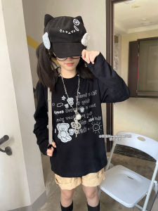 Original Panda Sisters Long Sleeve Pure Cotton Loose Fit Graffiti Print Base Tee Casual Comfortable Womens Hoodie