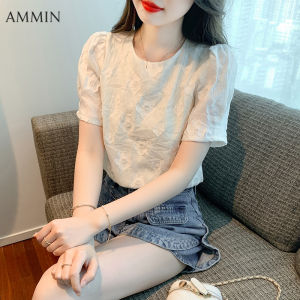 AMMIN summer new simple crew neck fashion three-dimensional embroidered floral short sleeve chiffon shirt womens Korean version style vintage pleated design sweet puff sleeves elegant blouse