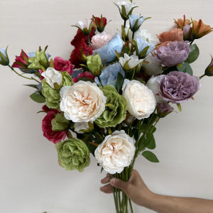 New 7-Head Austin Rose Artificial Flowers White Green Wedding Decoration Church Decor Props Home Decorative Silk Flowers